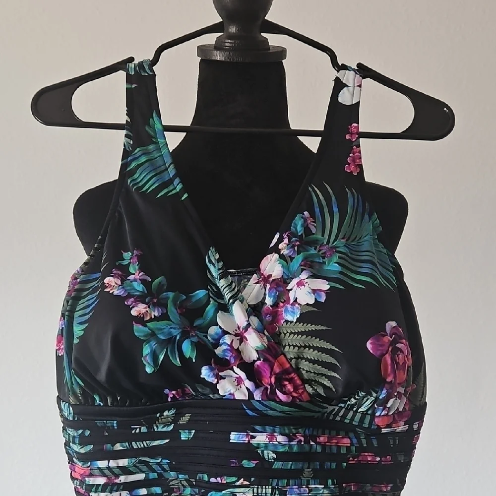Aqua Green Floral One Piece Swimsuit - Black and Pink